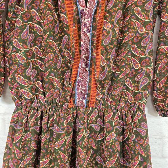M Midnight Sky Paisley Print Mini Dress Women's Size M Sheer Long Sleeve Green - Picture 3 of 11